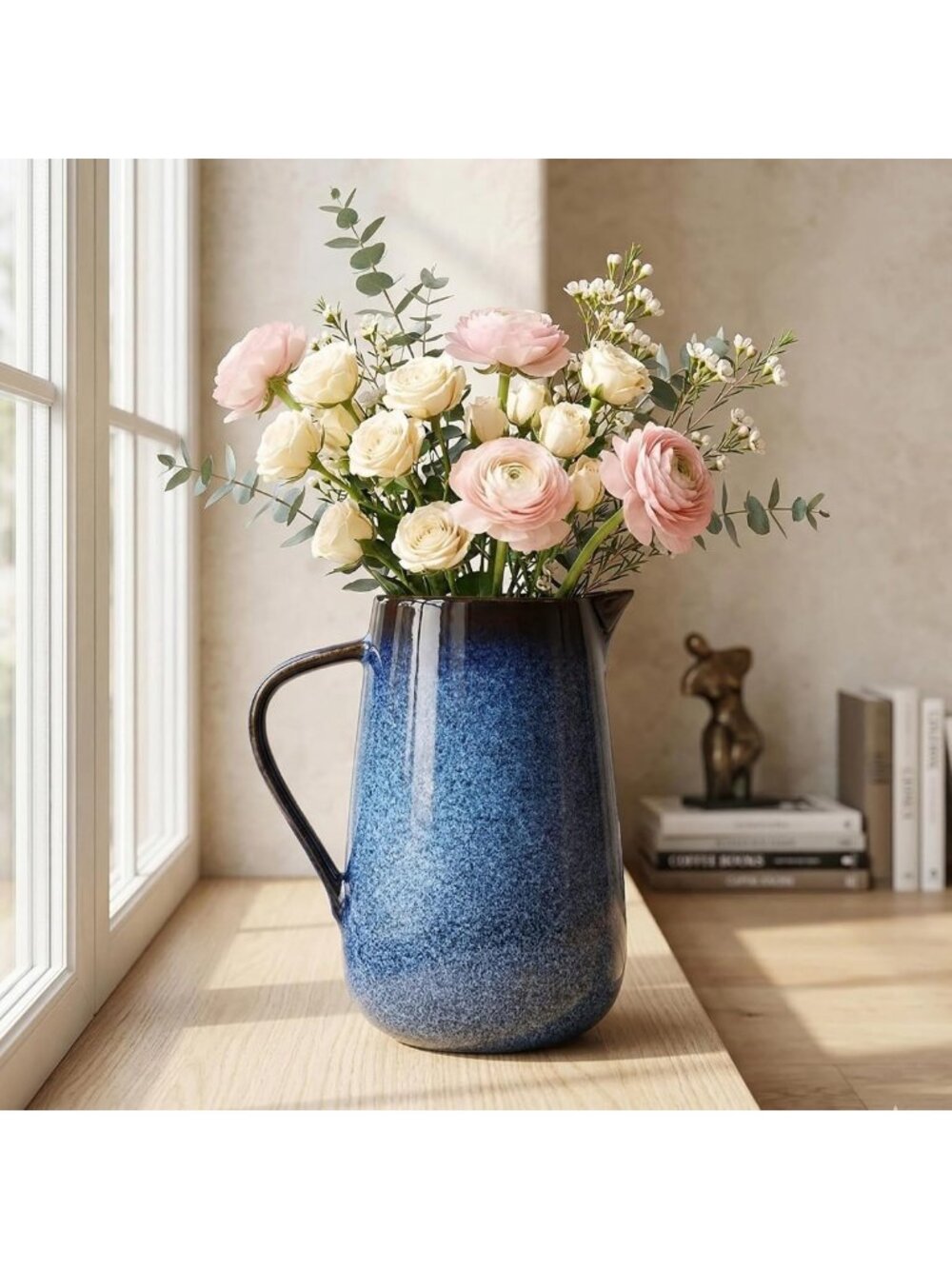 Vintage Blue Ceramic Pitcher Vase with Handles - Rustic Home Decor Accent, Table